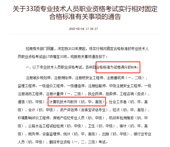 2022上半年北京软考合格分数线已公布