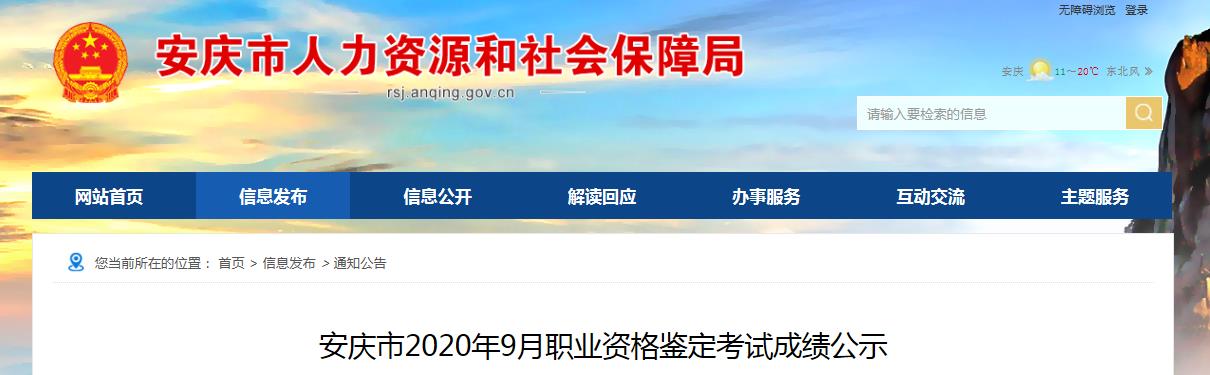 2020年9月安徽安庆市人力资源管理师考试成绩公示