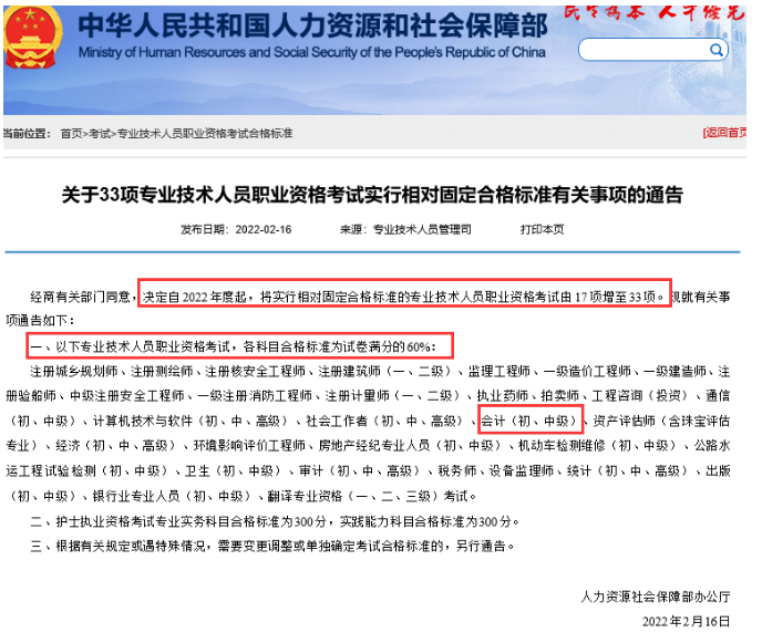 2022年上海初级会计职称考试合格标准 2科均需达到60分