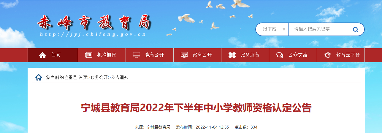 2022年下半年内蒙古赤峰宁城县中小学教师资格认定公告