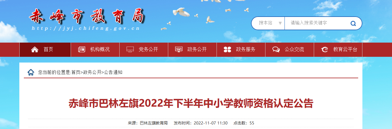 2022年下半年内蒙古赤峰市巴林左旗中小学教师资格认定公告