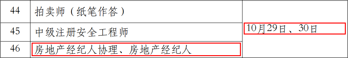 2022下半年房地产经纪人考试时间：10月29日、30日