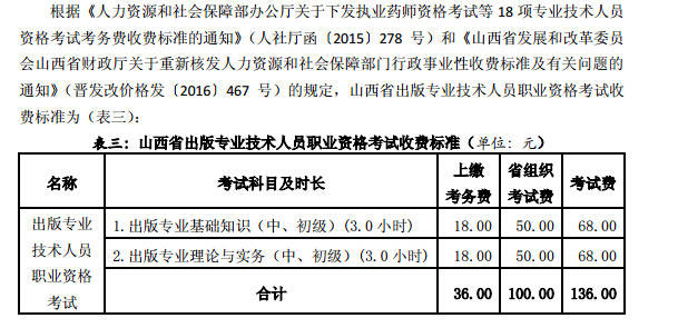 2017年山西出版专业资格考试费用