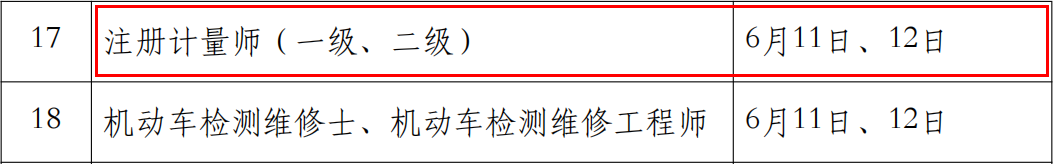 2022年二级注册计量师考试时间：6月11日