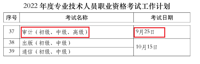 2022年安徽中级审计师考试时间：9月25日