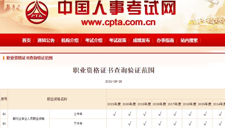 中国人事考试网：北京2021年8月初级银行从业资格电子证书查询验证系统已开通