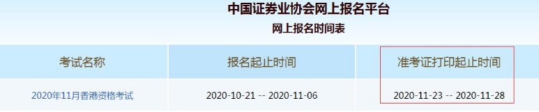 2020年11月中国香港证券从业资格考试准考证打印时间为11月23日至28日