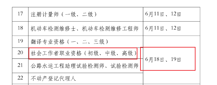 2022年吉林社会工作者考试时间：6月18日、19日