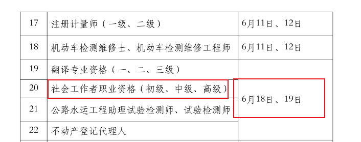 2022年江西社会工作者考试时间：6月18日、19日
