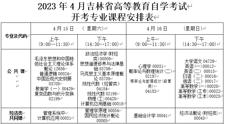 吉林通化2023年4月自考时间：4月15日至16日